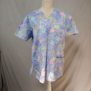 Simply Basic Flower Print Scrub Top Size M Super Soft Blue Medical Nursing